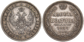 RUSSLAND GROSSFUERSTENTUM / KAISERREICH
Alexander II., 1855 - 1881. Poltina (1/2 Rubel) 1857, St.-Petersburg. Bitkin 51. 10.31 g. Sehr schön-vorzügli...