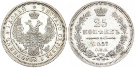 RUSSLAND GROSSFUERSTENTUM / KAISERREICH
Alexander II., 1855 - 1881. 25 Kopeken 1857, St.-Petersburg. Bitkin 55. 5.14 g. Min. gereinigt, vorzüglich