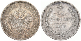 RUSSLAND GROSSFUERSTENTUM / KAISERREICH
Alexander II., 1855 - 1881. 25 Kopeken 1859, St.-Petersburg. Bitkin 131 (R). 5.12 g. R Fast sehr schön