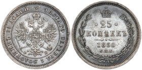 RUSSLAND GROSSFUERSTENTUM / KAISERREICH
Alexander II., 1855 - 1881. 25 Kopeken 1860, St.-Petersburg. Bitkin 134. 5.23 g. Unregelmäßig zaponiert, fast...