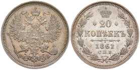 RUSSLAND GROSSFUERSTENTUM / KAISERREICH
Alexander II., 1855 - 1881. 20 Kopeken 1861, St.-Petersburg. Bitkin 173. 4.14 g. Vorzüglich-Stempelglanz
