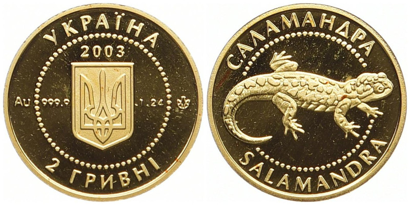 UKRAINE
 2 Hrywni 2003. Salamander. Gold 0.999. KM 178. 1.24 g. R Polierte Plat...