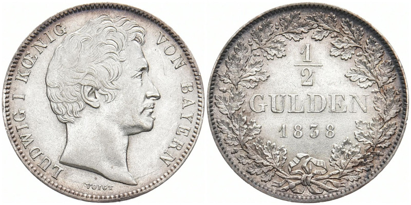 BAYERN
Ludwig I., 1825 - 1848. 1/2 Gulden 1838. AKS 79; Witt. 2766; J. 61. 5.27...