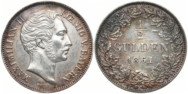 BAYERN
Maximilian II., 1848 - 1864. 1/2 Gulden 1861. AKS 152; J. 81. 5.26 g. Mi...
