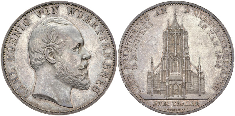WÜRTTEMBERG
Karl, 1864 - 1891. Vereinsdoppeltaler 1869. Ulmer Münster. Thun 442...