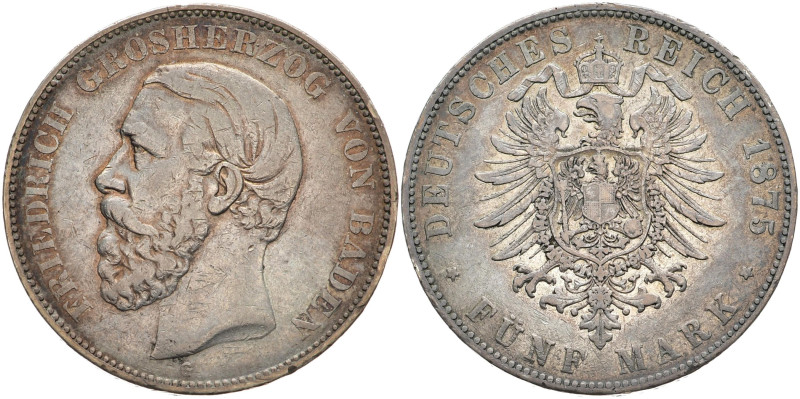 REICHSSILBERMÜNZEN BADEN
Friedrich I., 1856-1907. 5 Mark 1875 G, Karlsruhe. Ohn...