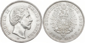 REICHSSILBERMÜNZEN BAYERN
Ludwig II., 1864-1886. 5 Mark 1875 D, München. J. 42. 27.80 g. Fast vorzüglich