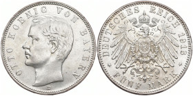 REICHSSILBERMÜNZEN BAYERN
Otto II., 1886-1913. 5 Mark 1913 D, München. J. 46. 27.73 g. Vorzüglich-Stempelglanz