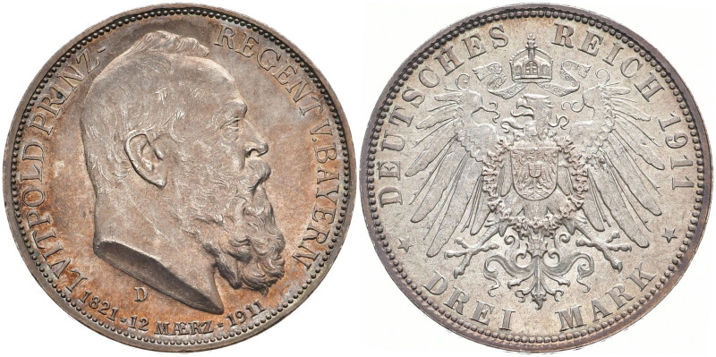 REICHSSILBERMÜNZEN BAYERN
Luitpold, Prinzregent, 1886-1912. 3 Mark 1911, zum 25...