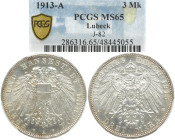REICHSSILBERMÜNZEN LÜBECK
Freie und Hansestadt. 3 Mark 1913 A. In US-Plastikholder der Firma PCGC mit der Bewertung MS 65. (286316.65/48445055). J. 8...