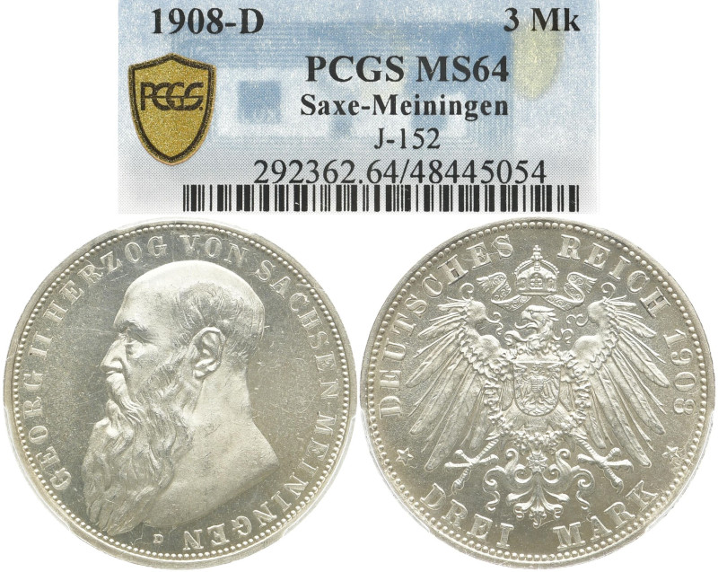 REICHSSILBERMÜNZEN SACHSEN-MEININGEN
Georg II., 1866-1914. 3 Mark 1908 D, Münch...