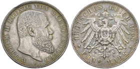 REICHSSILBERMÜNZEN WÜRTTEMBERG
Wilhelm II., 1891-1918. 5 Mark 1908 F. J. 176. 27.79 g. Hübsche Patina, vorzüglich