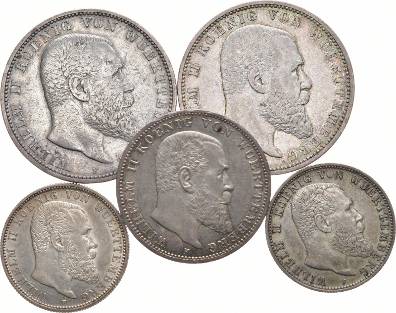 REICHSSILBERMÜNZEN WÜRTTEMBERG
Wilhelm II., 1891-1918. 5 Mark 1898, 1901 (J. 17...