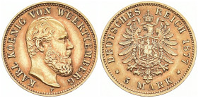 REICHSGOLDMÜNZEN WÜRTTEMBERG
Karl, 1864-1891. 5 Mark 1877 F. J. 291. 1.97 g. Min. Belagreste, sehr schön-vorzüglich
