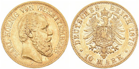 REICHSGOLDMÜNZEN WÜRTTEMBERG
Karl, 1864-1891. 10 Mark 1879 F. J. 292. 3.94 g. Vorzüglich