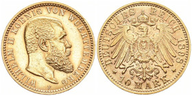REICHSGOLDMÜNZEN WÜRTTEMBERG
Wilhelm II., 1891-1918. 10 Mark 1898 F. J. 295. 3.98 g. Min. berieben, sehr schön-vorzüglich