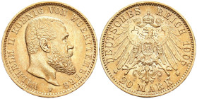 REICHSGOLDMÜNZEN WÜRTTEMBERG
Wilhelm II., 1891-1918. 20 Mark 1905 F. J. 296. 7.98 g. Vorzüglich