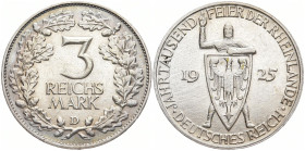 WEIMARER REPUBLIK
 3 Mark 1925 D. Rheinlande. J. 321. 14.96 g. Min. berieben, sehr schön-vorzüglich
