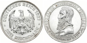 WEIMARER REPUBLIK
 3 Mark 1927 F. Tübingen. J. 328. 14.76 g. Min. Randfehler, vorzüglich-Stempelglanz