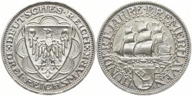 WEIMARER REPUBLIK
 3 Mark 1927 A. Bremerhafen. J. 325. 15.02 g. Vorzüglich