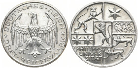 WEIMARER REPUBLIK
 3 Mark 1927 A. Universität Marburg. J. 330. 15.04 g. Min. berieben, winz. Randfehler, vorzüglich