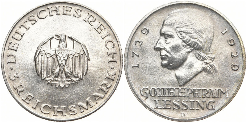 WEIMARER REPUBLIK
 3 Mark 1929 D. Lessing. J. 335. 15.06 g. Etwas berieben, seh...