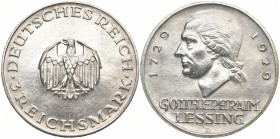WEIMARER REPUBLIK
 3 Mark 1929 D. Lessing. J. 335. 15.06 g. Etwas berieben, sehr schön-vorzüglich