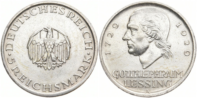 WEIMARER REPUBLIK
 5 Mark 1929 A. Lessing. J. 336. 25.02 g. Min. berieben, sehr...