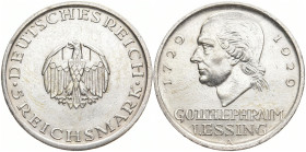 WEIMARER REPUBLIK
 5 Mark 1929 A. Lessing. J. 336. 25.02 g. Min. berieben, sehr schön-vorzüglich