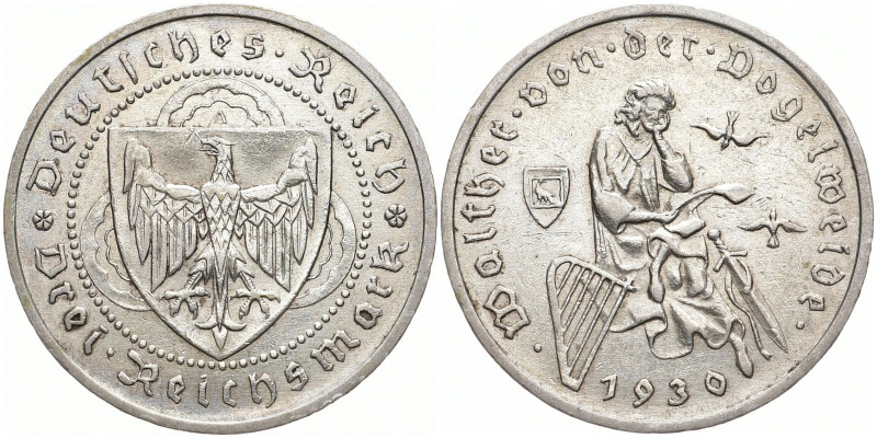 WEIMARER REPUBLIK
 3 Mark 1930 A. Vogelweide. J. 344. 15.05 g. Fast vorzüglich