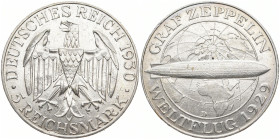 WEIMARER REPUBLIK
 5 Mark 1930 D. Zeppelin. J. 343. 25.07 g. Leicht berieben, fast vorzüglich