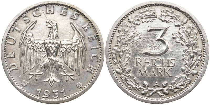 WEIMARER REPUBLIK
 3 Mark 1931 A. Kursmünze. J. 349. 14.92 g. Bearbeitet, sehr ...