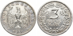 WEIMARER REPUBLIK
 3 Mark 1931 A. Kursmünze. J. 349. 14.92 g. Bearbeitet, sehr schön