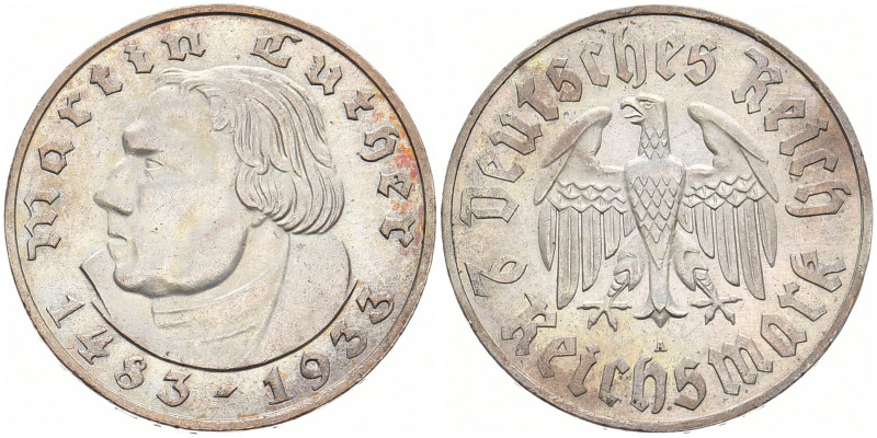 DRITTES REICH
 2 Reichsmark 1933 A. J. 352. 7.99 g. Feine Tönung, vorzüglich-St...