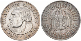 DRITTES REICH
 5 Reichsmark 1933 A. Martin Luther. J. 353. 13.85 g. Sehr schön-vorzüglich