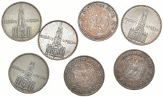 DRITTES REICH
 2 Reichsmark 1934. Garnisonkirche mit Datum. 35 g Feinsilber. J. 355. 7 Stück. 55.87 g. Teilweise mit Fehlern, sehr schön