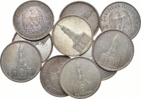 DRITTES REICH
 5 Reichsmark 1934. Garnisonkirche ohne Datum. 125 g Feinsilber J. 357. 10 Stück. 138.80 g. Sehr schön-vorzüglich