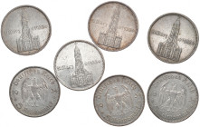 DRITTES REICH
 5 Reichsmark 1934. Garnisonkirche mit Datum. 87,5 g Feinsilber J. 356. 7 Stück. 97.09 g. Sehr schön-vorzüglich