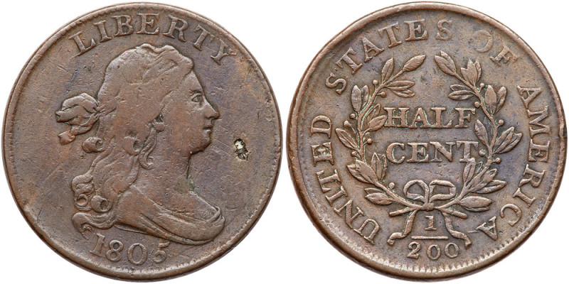 1805 Draped Bust Half Cent. Large 5, stems. F

1805. Large 5, stems. Sharpness...