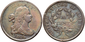 1806 Draped Bust Half Cent. Large 6, stems. VF