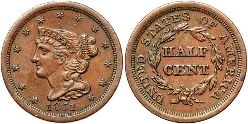 1851 Coronet Head Half Cent. XF

1851. Extremely Fine. Well struck, glossy mah...