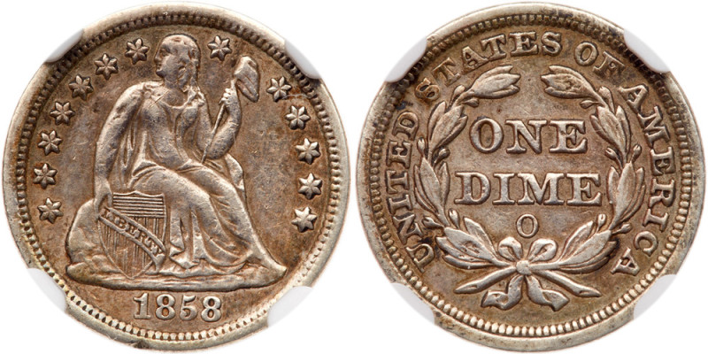 1858-O Liberty Seated Dime

1858-O. NGC AU Details. Bent and toned. Estimated ...