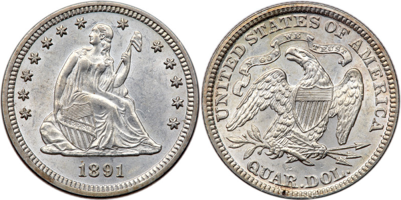 1891 Liberty Seated Quarter Dollar. MS60

1891. MS-60 Plus. A nice frosty whit...