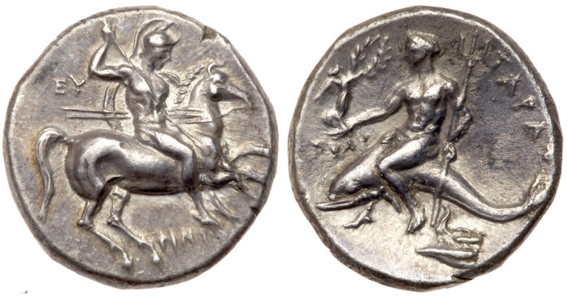 Calabria, Tarentum. Ca. 280-272 BC. Silver Nomos (stater) 6.40 g.. VF

Calabri...