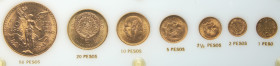 Mexico. 50 Pesos to 1 Peso Gold Type Set: 50 Pesos, 1947; 20 Pesos, 1959; 10 Pesos, 1959; 5 Pesos, 1955; 2½ Pesos, 1945;