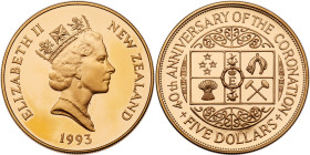New Zealand. Gold 5 Dollars, 1993. PF