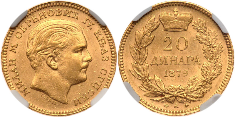 Serbia. 20 Dinars, 1879-A. NGC MS61

Serbia. 20 Dinars, 1879-A. Fr-3; KM-14. M...