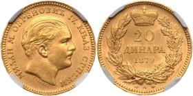 Serbia. 20 Dinars, 1879-A. NGC MS61

Serbia. 20 Dinars, 1879-A. Fr-3; KM-14. Milan Obrenovich IV, 1868-1889. Head right. Reverse; Value within crown...