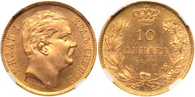 Serbia. 10 Dinara, 1882 V. NGC MS64

Serbia. 10 Dinara, 1882 V. Fr-5; KM-16. Milan Obrenovich IV, 1868-1889. Head right. Reverse; Value within crown...