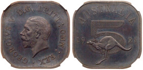 Australia. George V 1921-dated Australia square 'Crown' or Five Shillings. NGC PF63
